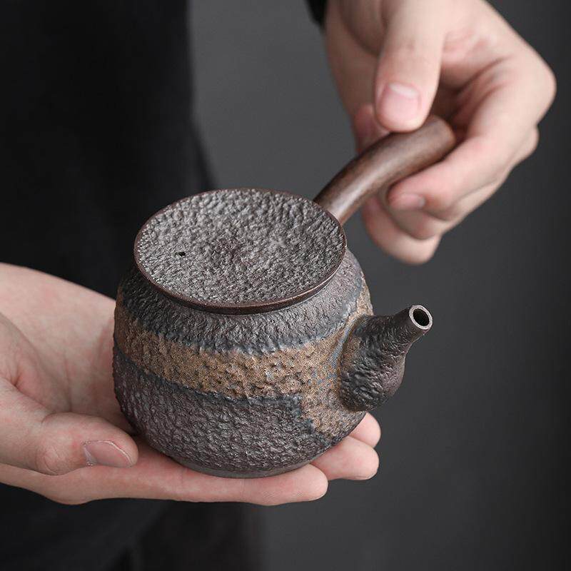 德化陶瓷茶具粗陶鎏金侧把壶黑檀木把复古泡茶壶泡茶器带过滤单壶