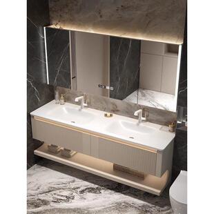 现代岩板热弯一体双盆浴室柜组合橡木烤漆卫生间洗手脸洗漱台盆柜