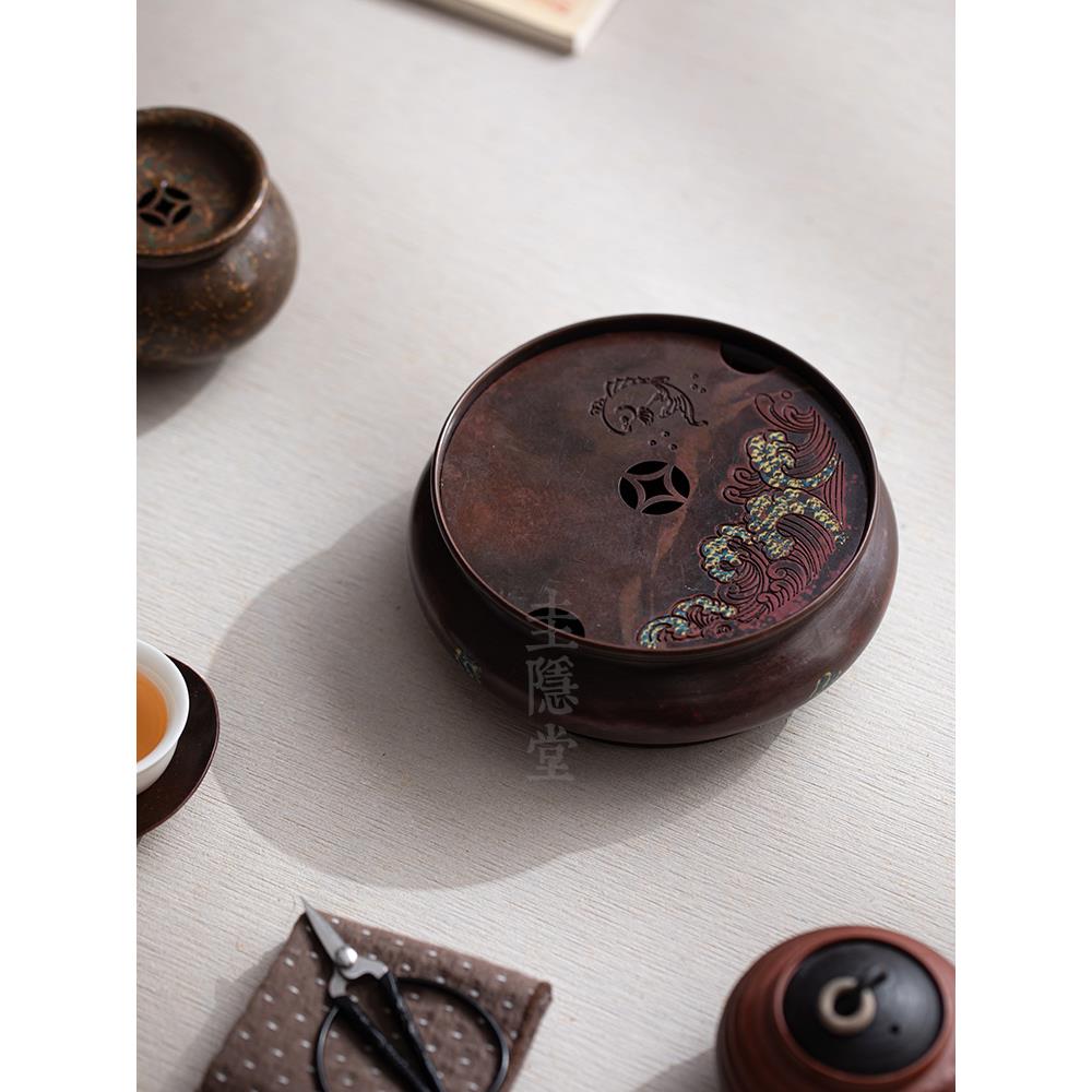 圭隐堂手工锦鲤纯铜茶盘壶承家用储水干泡台茶壶托盘茶托小号茶台