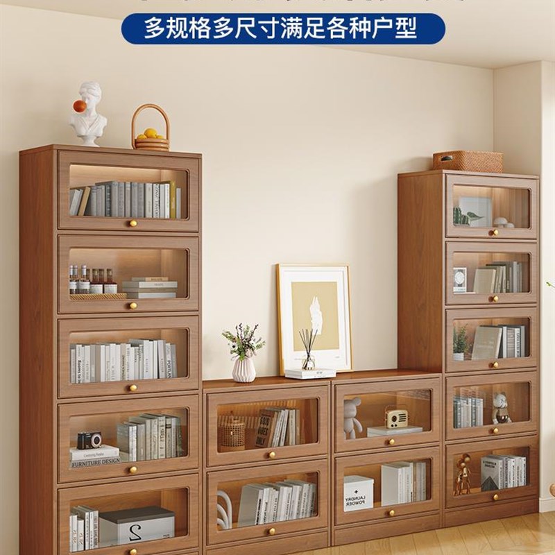 防尘书柜玻璃门实木书架置物架带门落地家用简约客厅展示收纳柜子