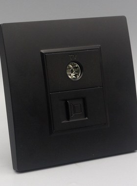 黑色86型电脑电视插座CAT5E网络+TV有线电视面板网线信息墙壁面板