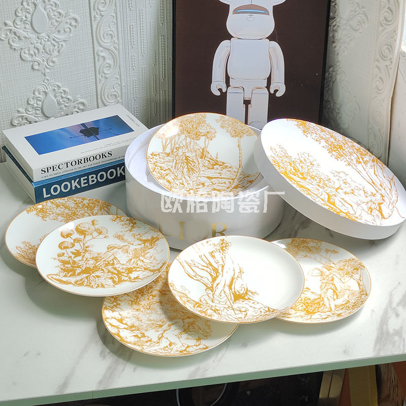 陶瓷餐盘六盘装菜盘西餐盘彩绘图案简约风格北欧套装陶瓷家用送礼