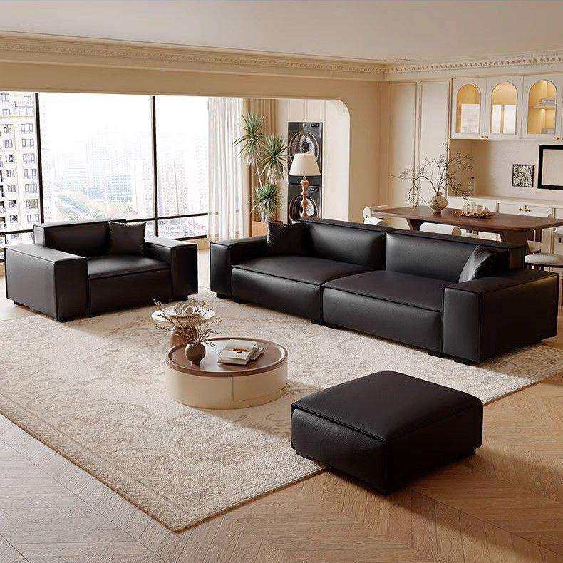 意式生态皮艺复古风沙发豆腐块奶油风沙发​