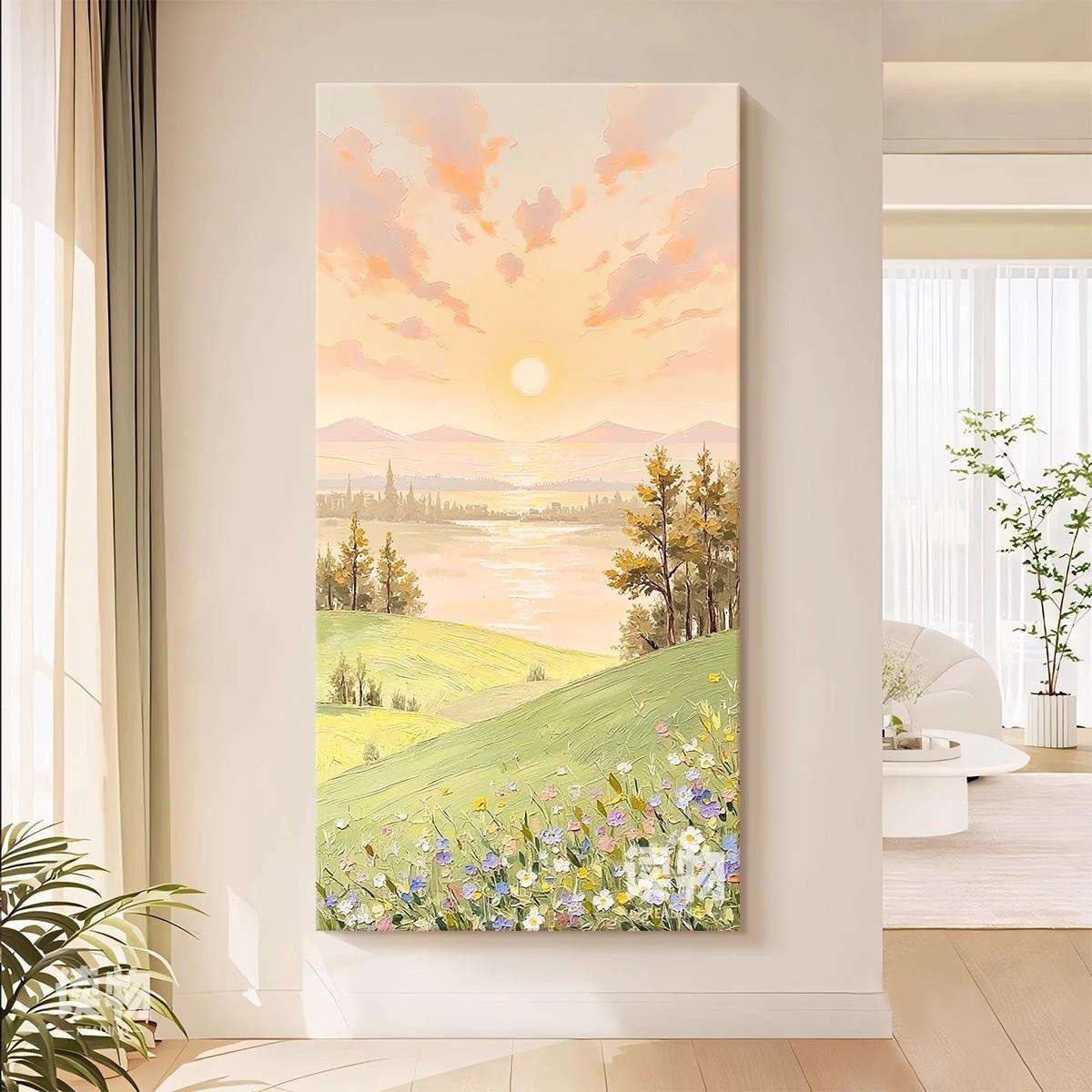 绿色山野风景肌理纯手绘油画客厅日出东方装饰画玄关走廊过道挂画