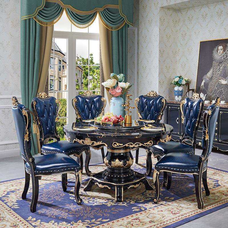 欧式大理石餐桌全实木带转盘圆桌奢华美式饭桌黑檀家用餐桌椅组合