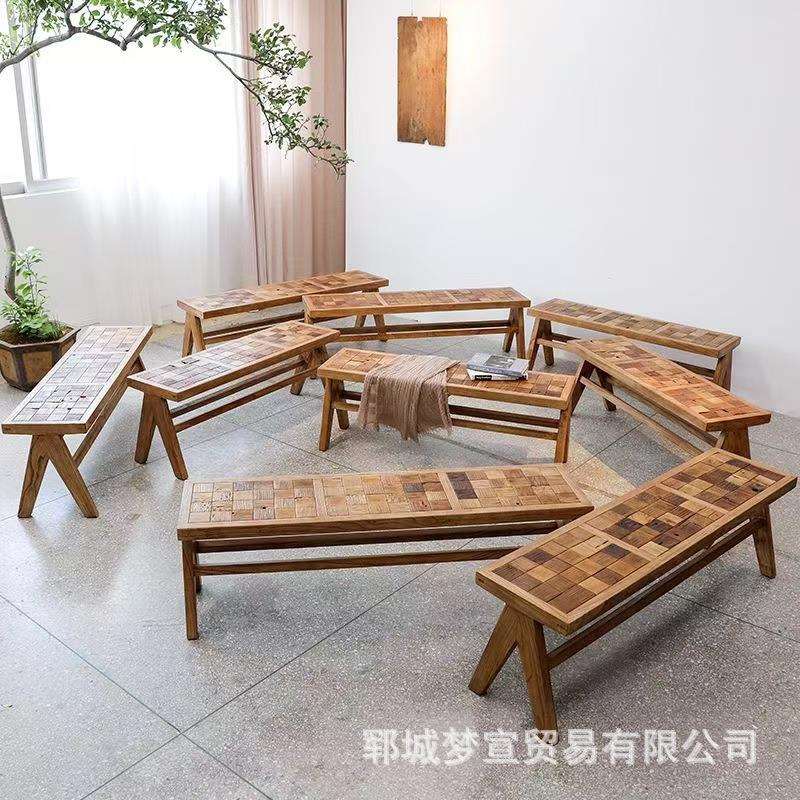 老榆木长条凳棋盘格拼花板凳民宿实木床尾凳简约餐厅餐桌凳长条凳