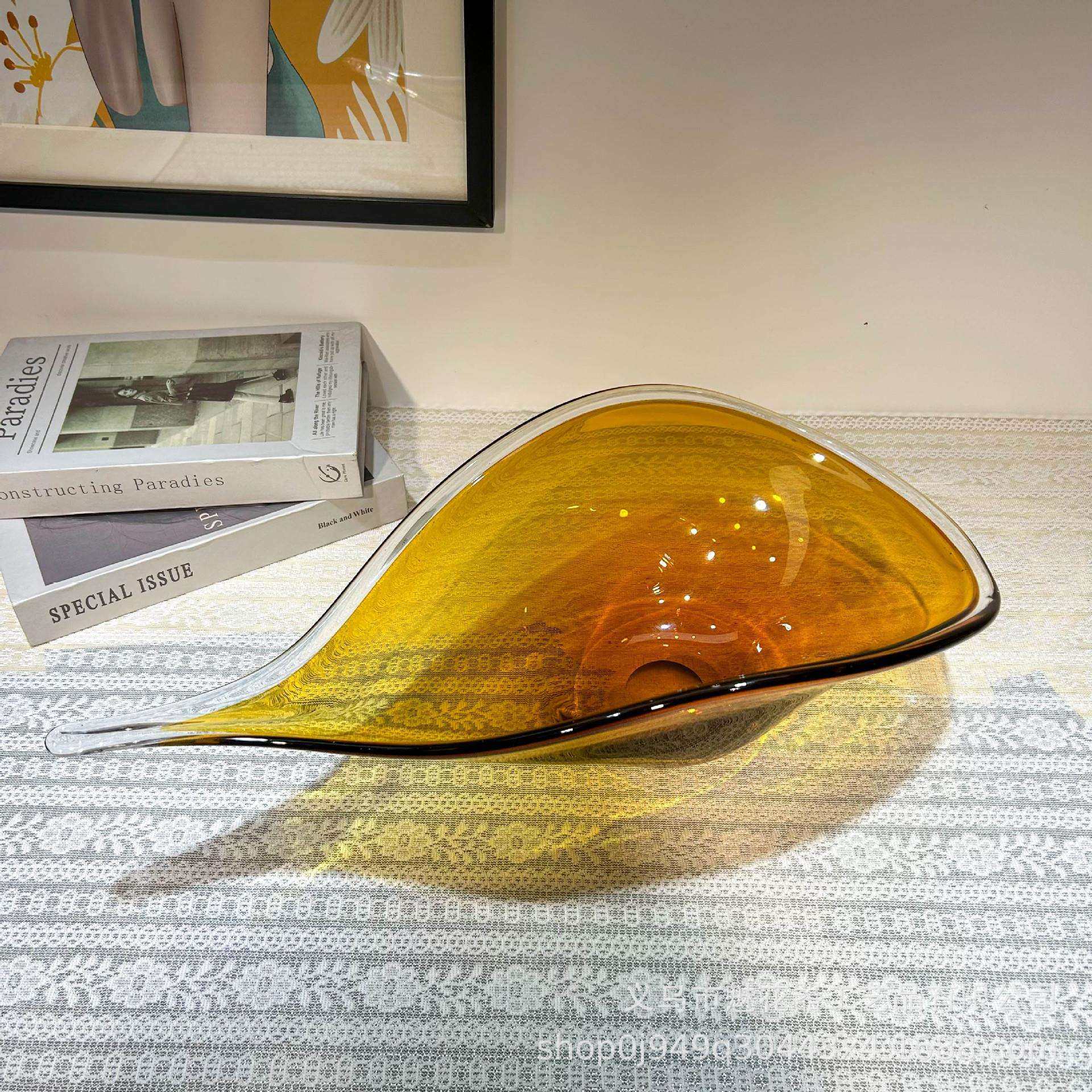 轻奢简约欧式现代琉璃指南勺大果盘样板间软装饰品客厅茶几大摆件