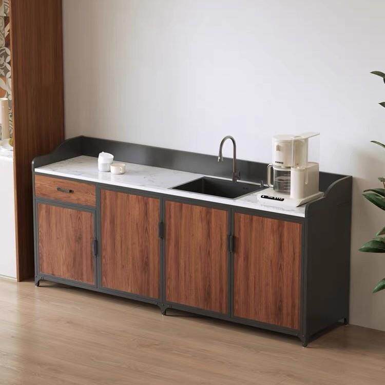 实木金属餐边柜水池一体高柜办公室工业风茶水柜厨房储物柜置物柜