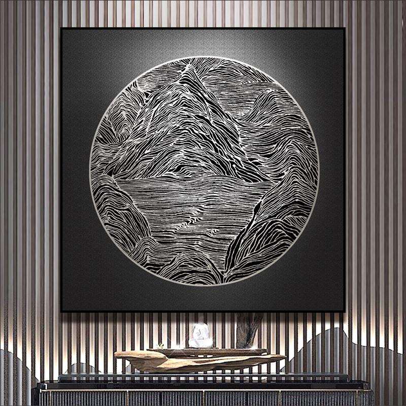 新中式轻奢金箔手工浮雕立体艺术挂画客厅玄关山水精装壁画金属