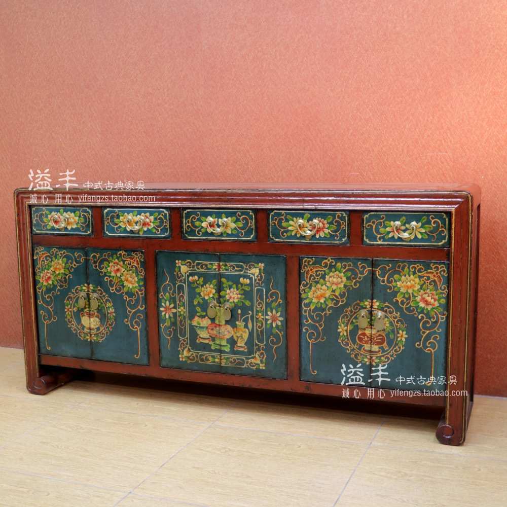 新中式仿古实木彩绘餐边柜复古手绘客厅装饰柜子外贸出口广东家具