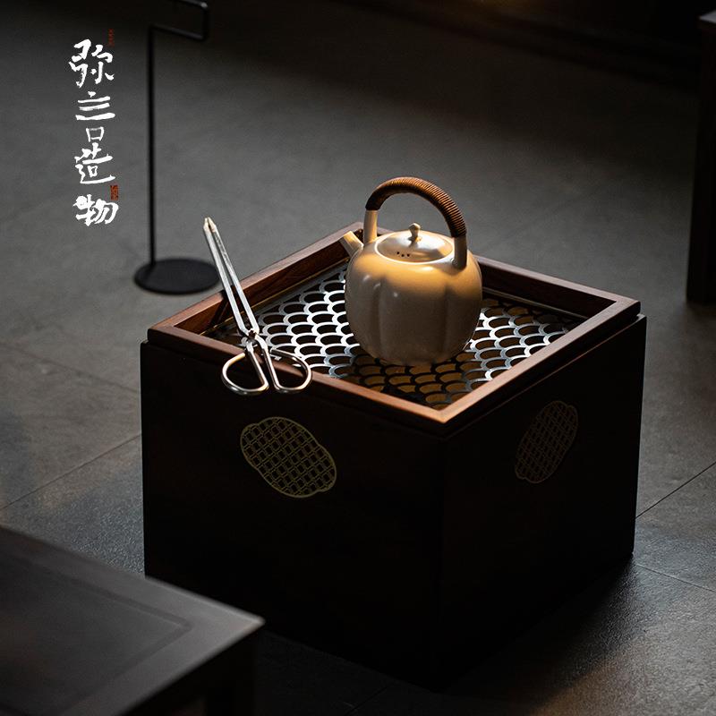 弥言日式胡桃木火钵炭炉箱煮茶炉茶道配件取暖烤火箱炉茶室用具
