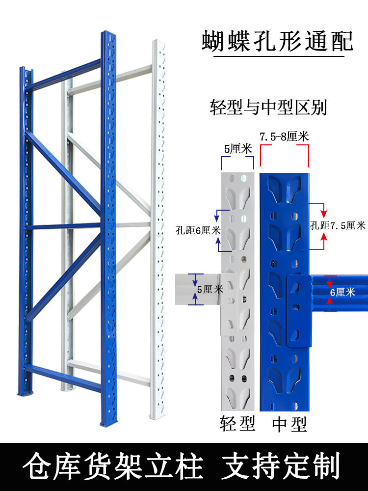 仓库货架立柱腿配件大全中型重型仓储组合架通用蝴蝶孔卡扣位柱子图片