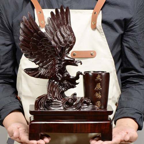 黑檀实木根雕老鹰大展宏图笔筒摆件客厅书房办公室开业乔迁工艺品