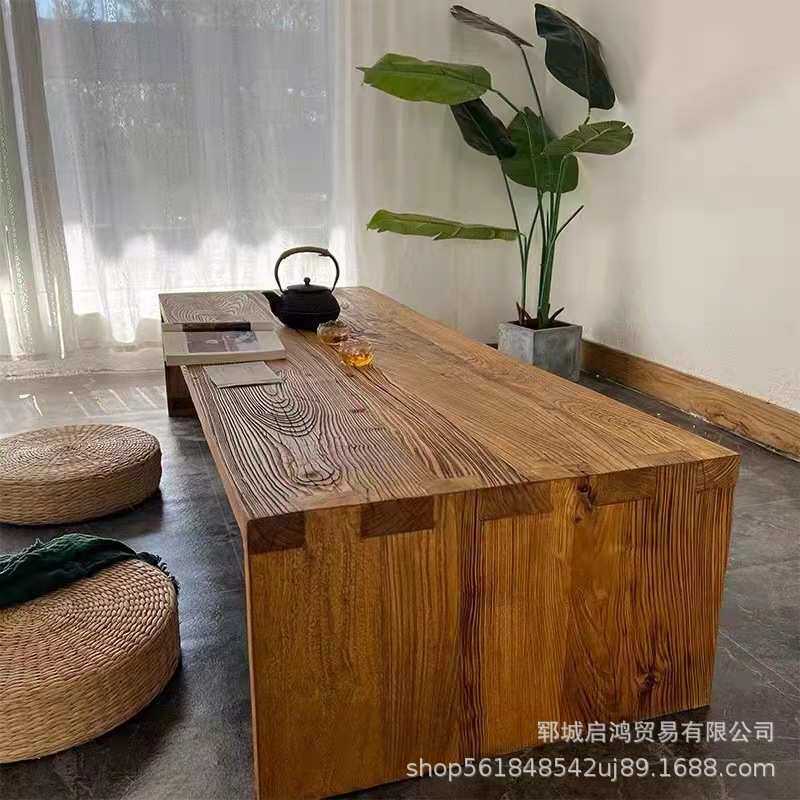 简易实木茶桌原木色新中式北方老榆木茶桌 客厅茶桌家用 现代简约
