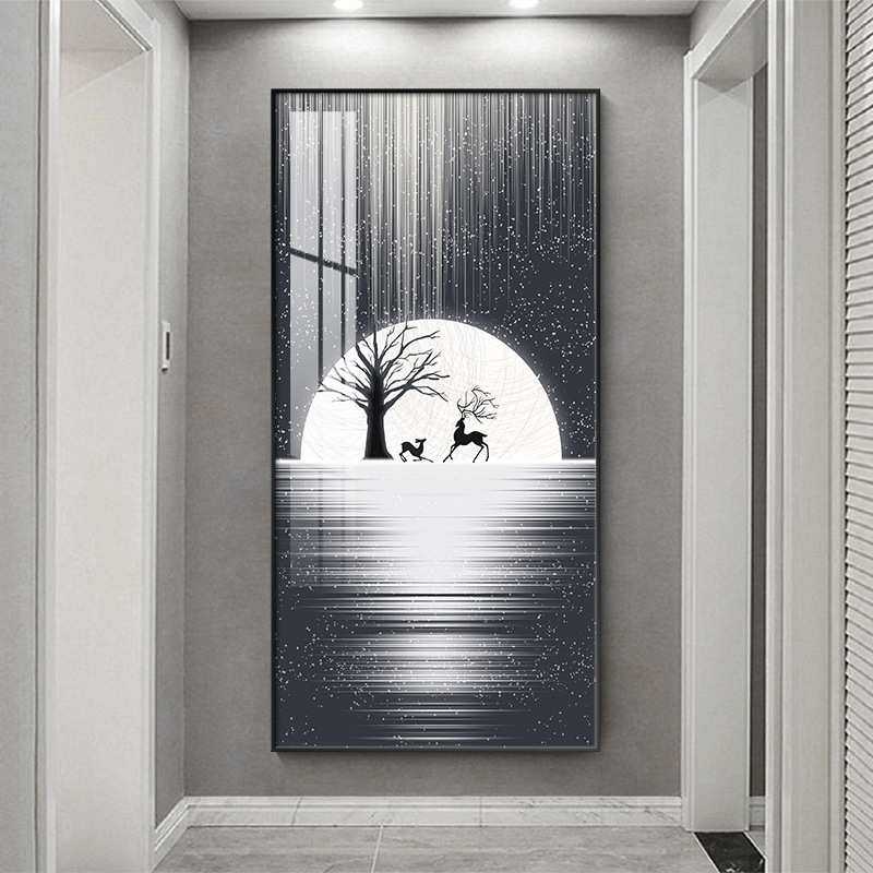 入户玄关装饰画竖版现代简约走廊过道壁画新款寓意好麋鹿挂画