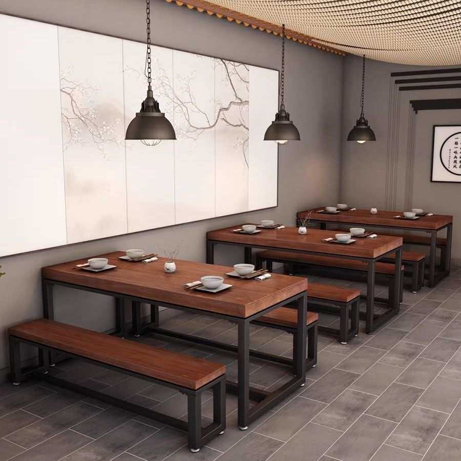 工业风商用餐饮店铁艺实木餐桌椅组合现代食堂面馆长方形长桌长凳