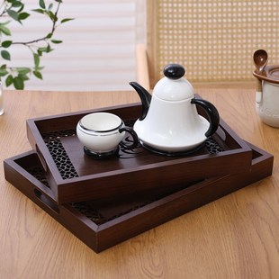 日式实木收纳盘手工镂空收纳盒拍照道具收纳盘茶具镂空窗花排水托