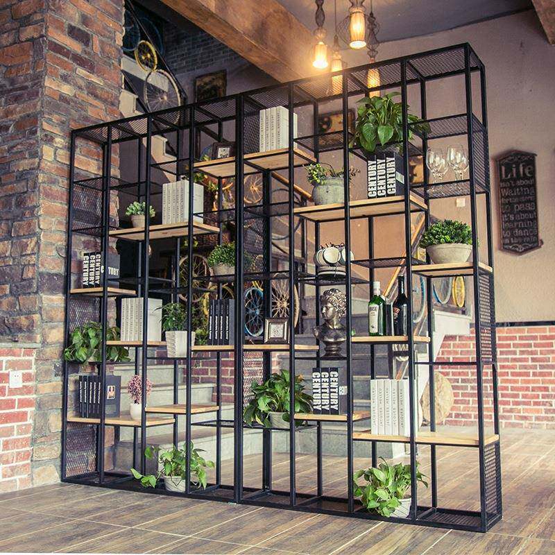 loft复古博古书架铁艺隔断架子置物架工业风隔板实木搁板层架落地