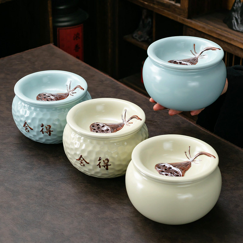 汝窑锤纹建水茶洗茶渣缸倒茶废水缸陶瓷杯洗过滤中式家用茶道配件
