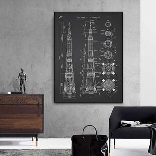 航天飞机分解图手稿装饰画工业风火箭机械结构设计图办公室挂画