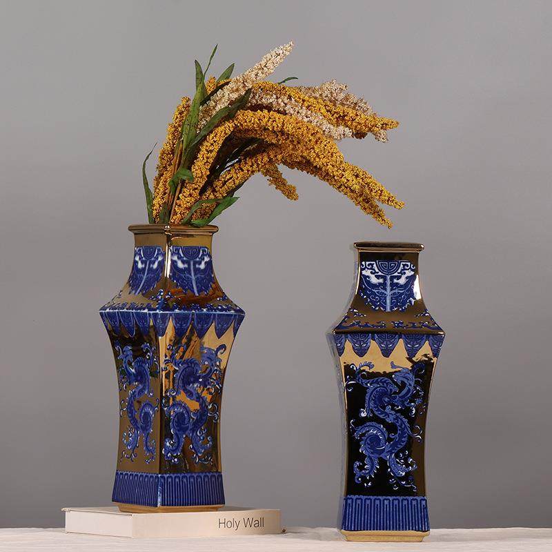 中式青花瓷电镀四方樽客厅书房插花装饰品陶瓷花瓶博古架条案摆件,纺织面料/辅料/配套,纺织机械配件,淘宝优惠券,粉丝福利购,淘宝优惠卷