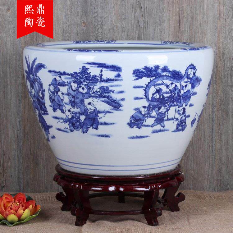 景德镇陶瓷鱼缸 青花百子图陶瓷金鱼缸 风水缸 家居客厅装饰