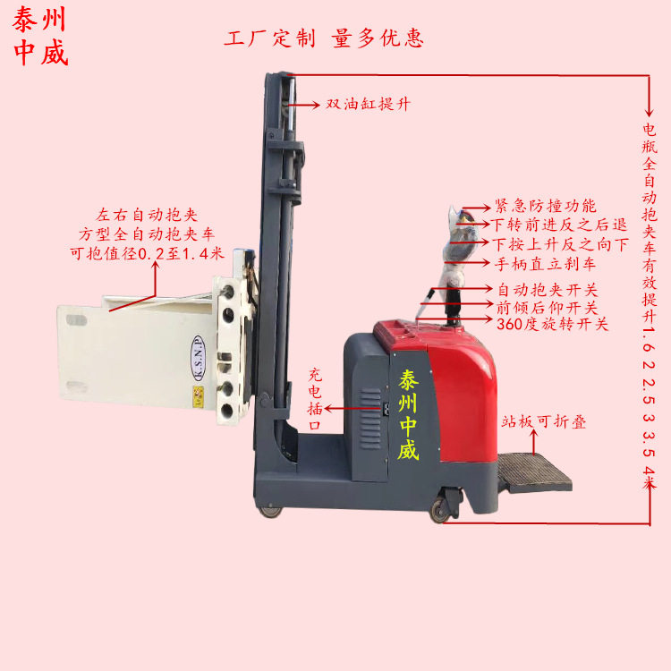 无腿电动抱夹翻转叉车全自动夹抱升高旋转机电瓶升降装卸堆放车