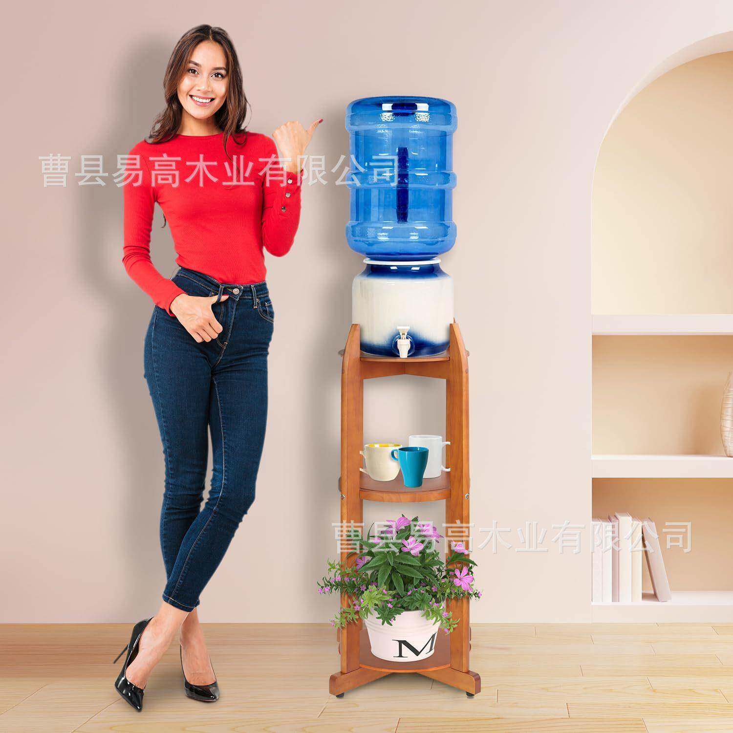 实木饮水机落地架圆形搁板室内木制多层花架饮料分配器落地支架