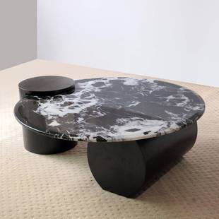 法式大理石黑白色圆形茶几岩板客厅家用小户型轻奢现代简约