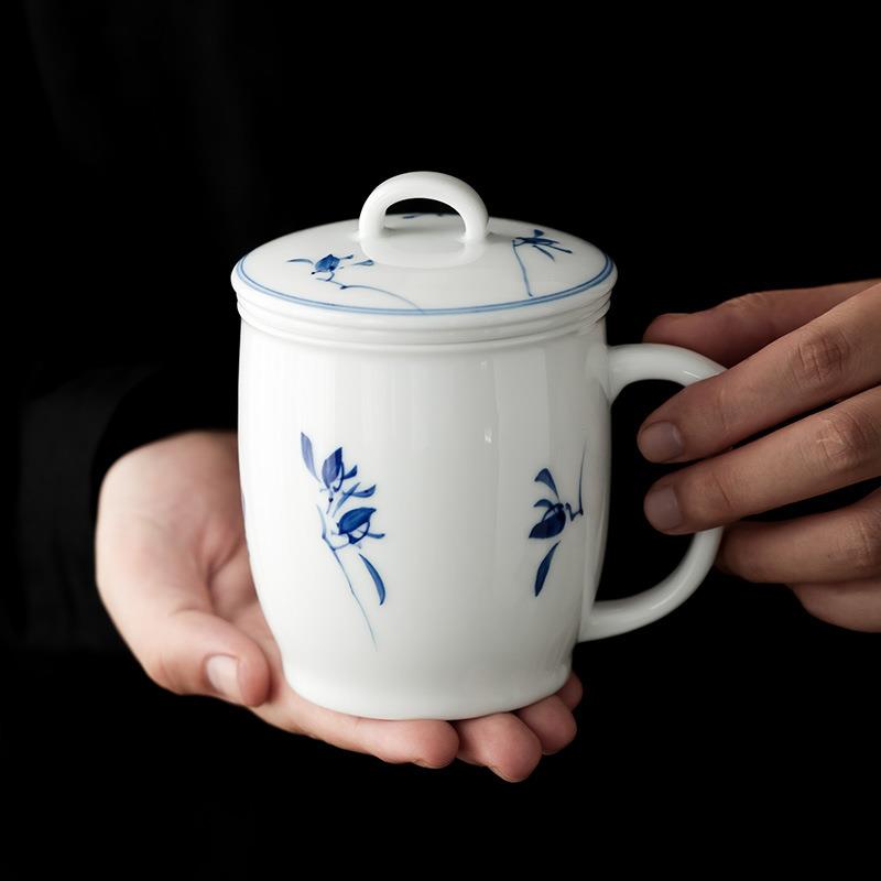 陶瓷办公杯三件套纯手绘釉下蝴蝶兰带盖马克杯中国白个人泡茶杯子