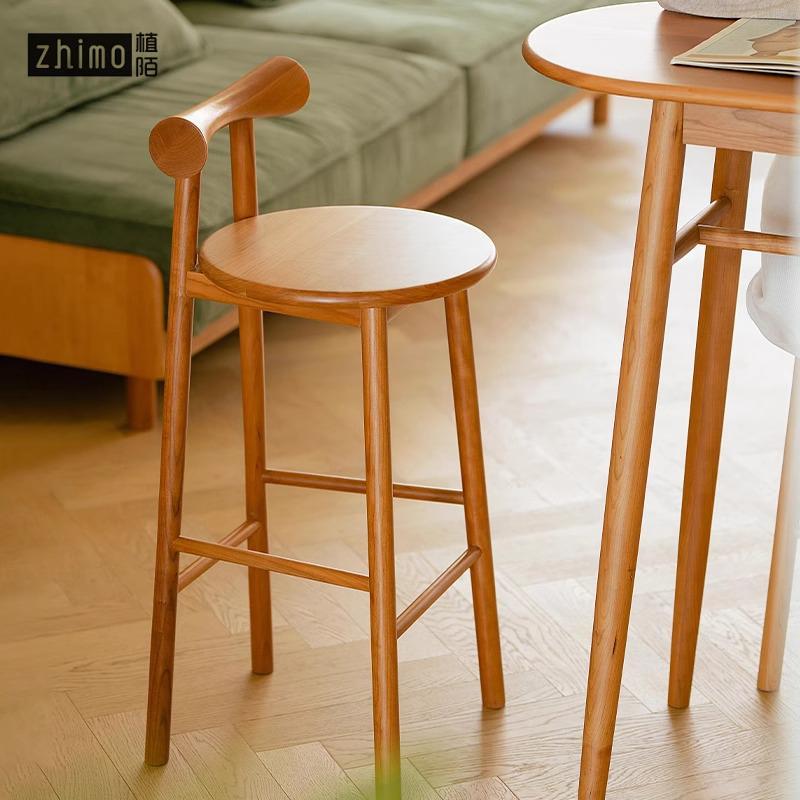 蝴蝶吧椅樱桃木家用日式酒吧台椅子北欧现代实木高脚凳靠背圆凳子