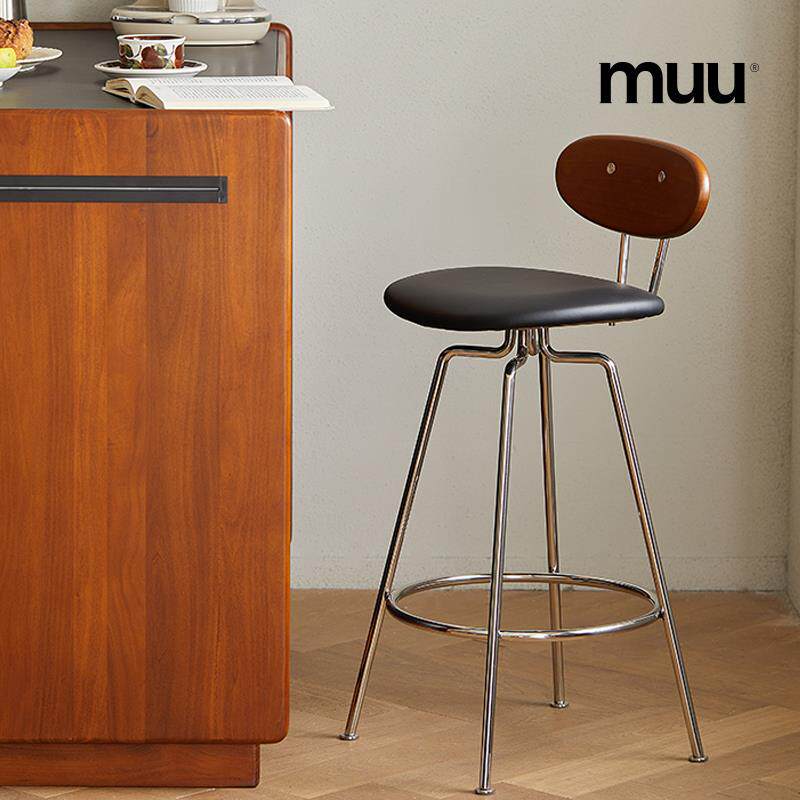 复古吧台椅家用靠背高脚凳子北欧实木小户型简约铁艺不锈钢高椅子