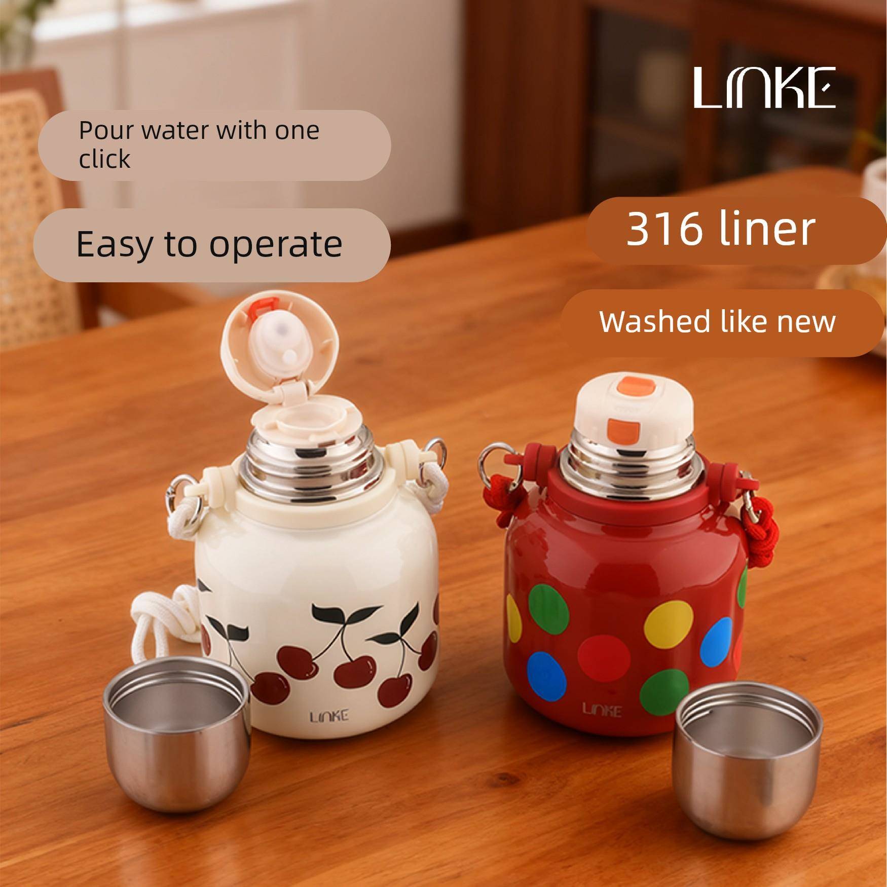 Linke邻可事事如意系列不锈钢保温壶高颜值大肚水杯大容量便携手