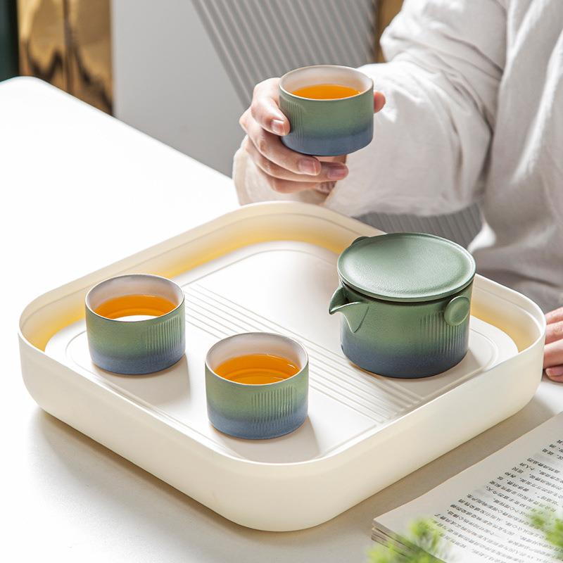日式创意渐变色粗陶一壶三杯快客杯便携包户外陶瓷旅行茶具小套装