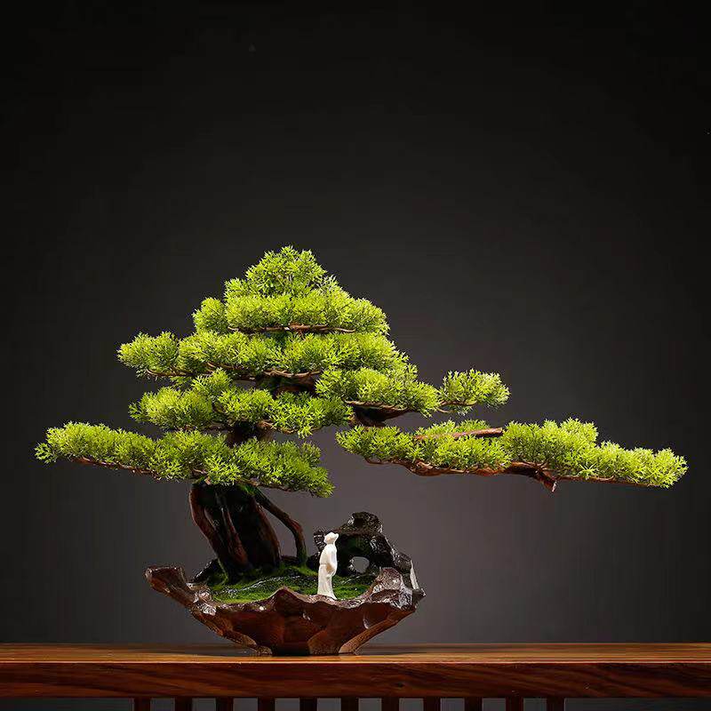 中式仿真迎客松植物盆景摆件绿植盆栽复古玄关办公桌微盆景装饰