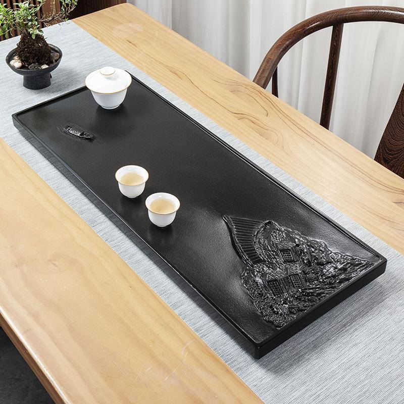 天然乌金石茶盘家用石盘带排水式一体茶几2024新款嵌入式立体浮雕
