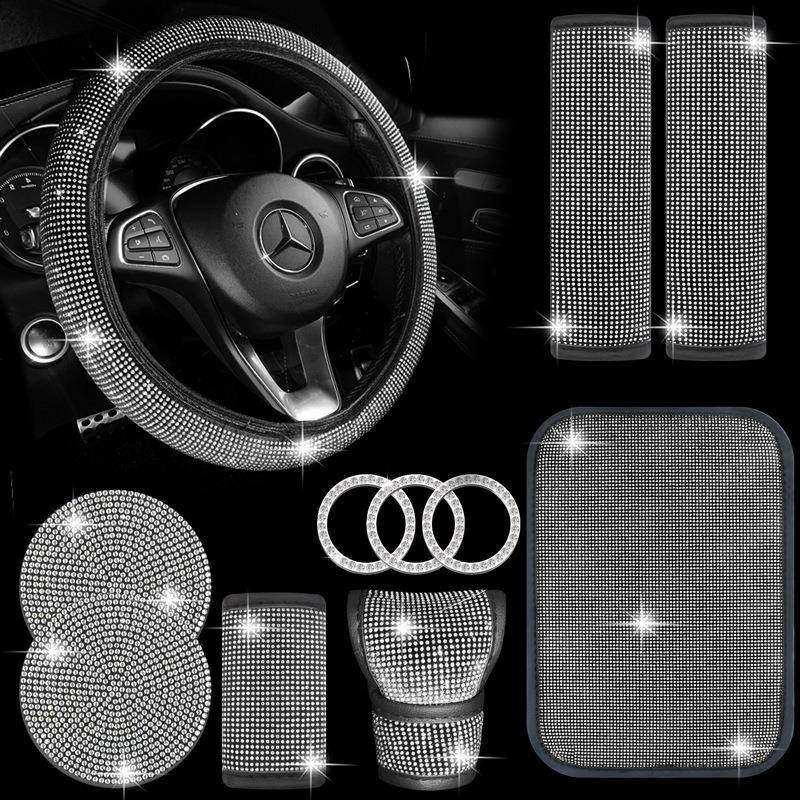 汽车水钻配件11件套护肩套扶手垫档位手刹套钻石内饰布艺套装