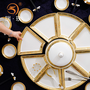 欧式圆桌骨瓷餐具碗碟自由搭配家用过年团圆拼盘组合DIY碗盘勺碟