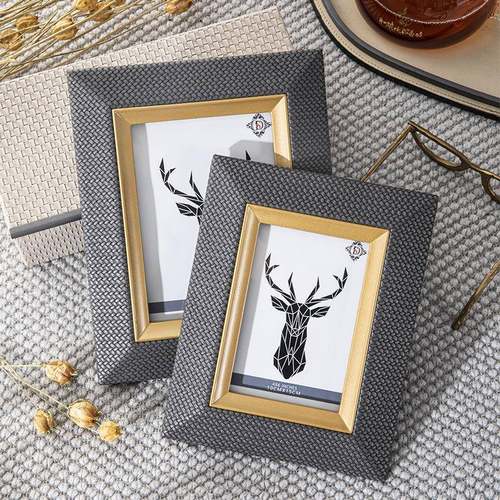 轻奢样板房皮质相框简约编织纹皮革纸巾盒金属花器软装搭配套装