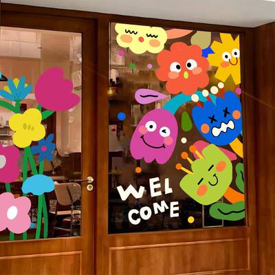 iMC0014ns贴网表情花朵插画贴拍照背景打卡墙玻璃门橱红窗静电纸