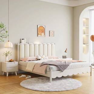 奶油风软包实木床北欧白色现代简约1米5单双人床卧室小户型储物床