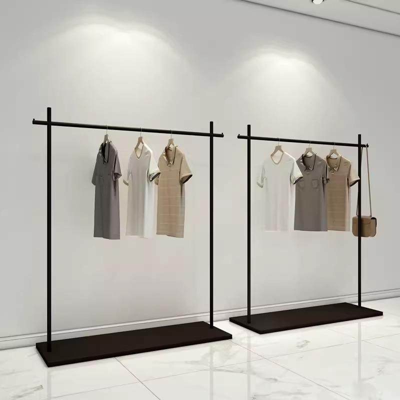 服装店落地式挂衣架新款简约现代带板陈列架中岛架哑光黑铁艺货架