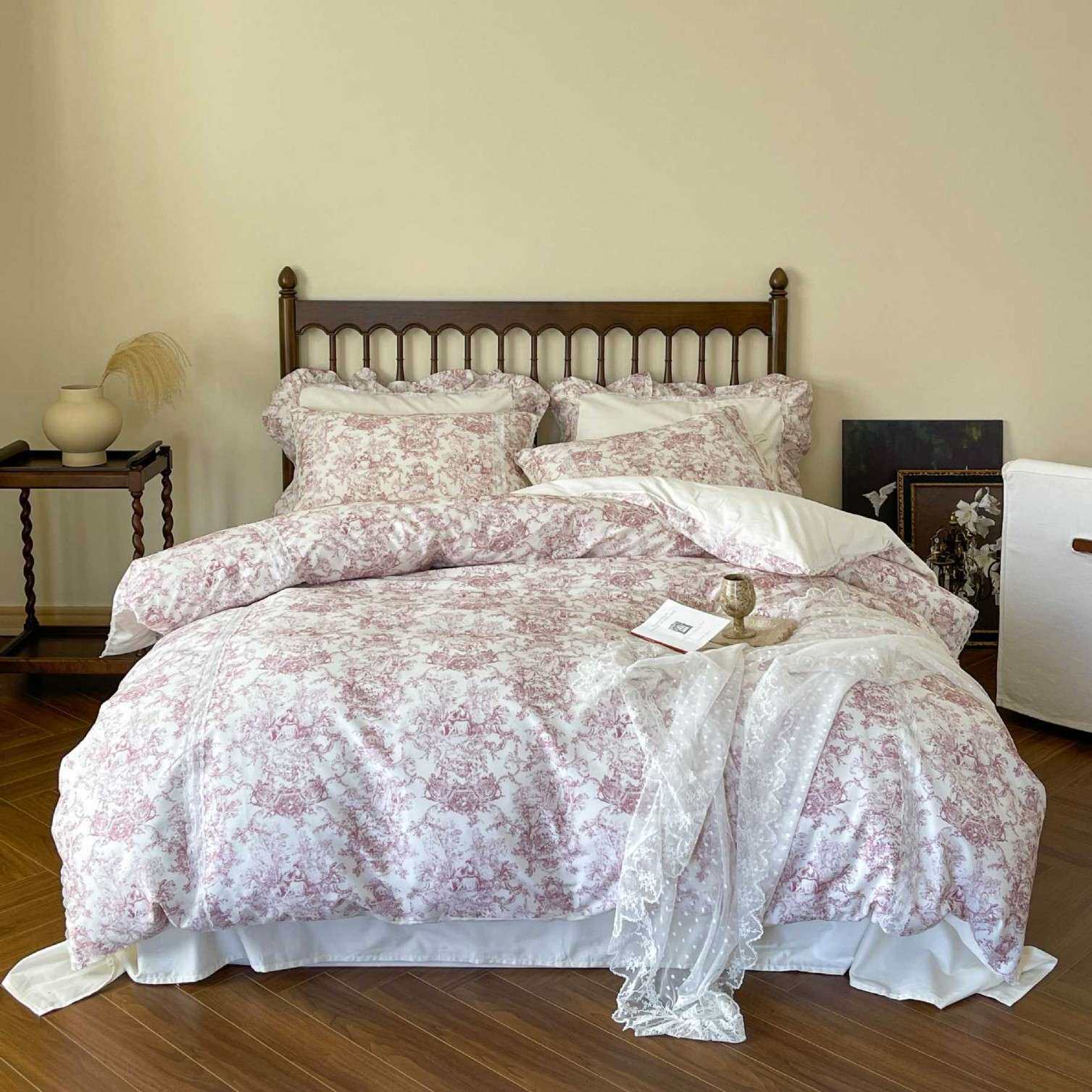 秋冬全棉复古法式小碎花四件套柔软亲肤田园风荷叶边套件床品