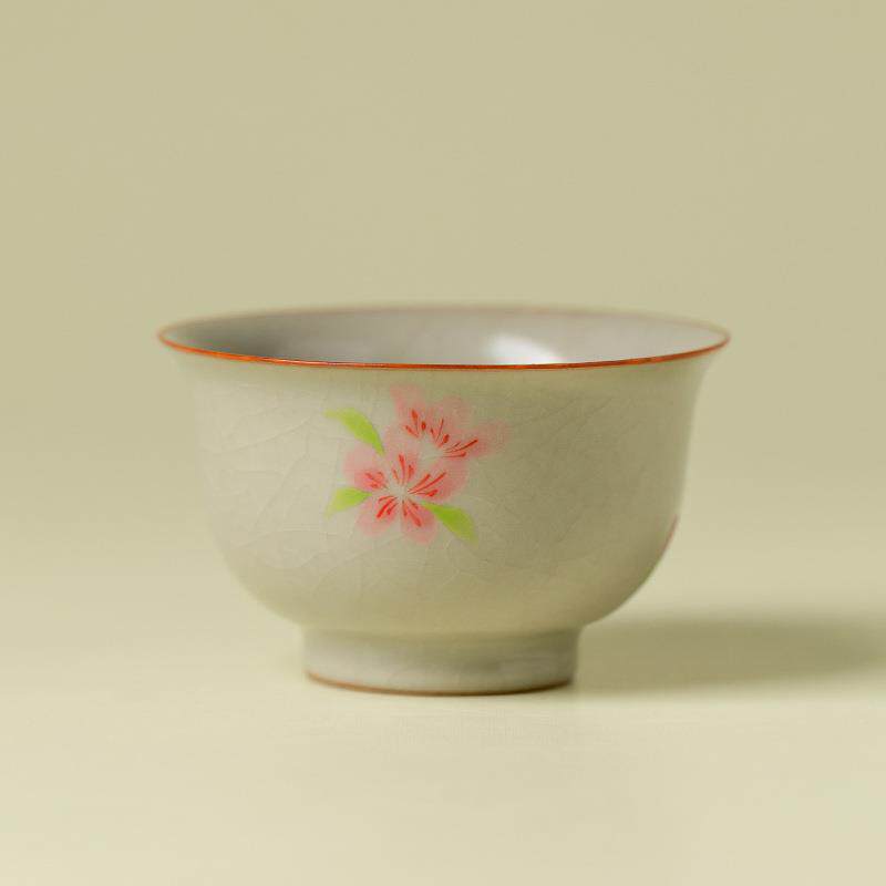 汝窑纯手绘桃花韵禾套杯新中式泡茶陶瓷茶杯主人杯品茗杯茶具