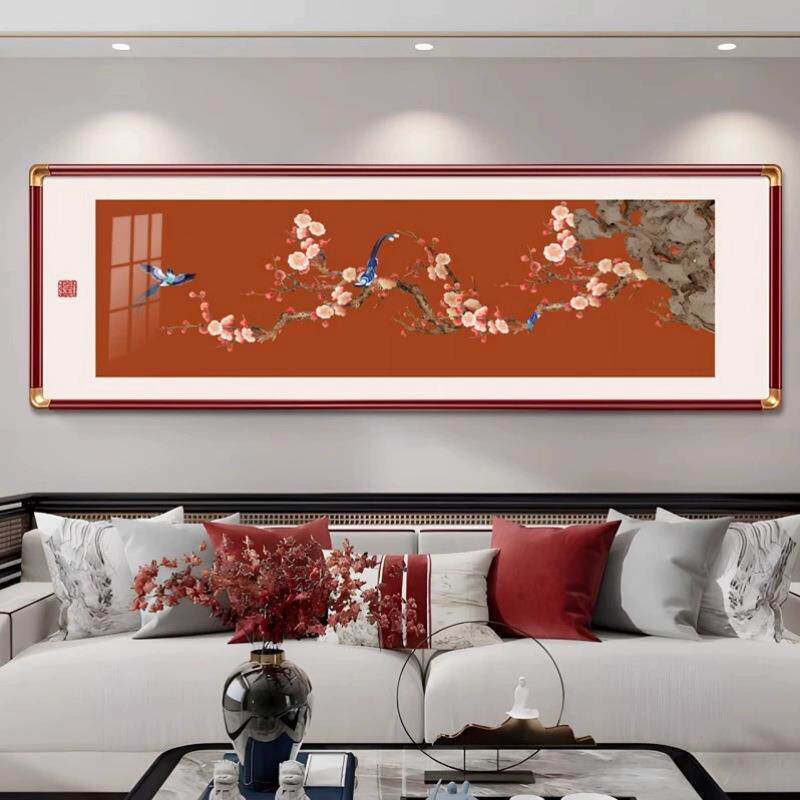 中式喜上眉梢国画实木花鸟画水墨画客厅装饰画玄关红梅报春图挂画
