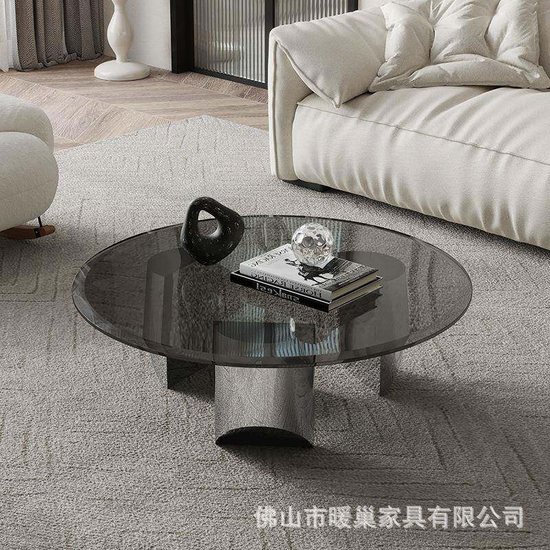 钢化玻璃茶几家用客厅酒店售楼处茶几桌意式轻奢不锈钢圆形茶几