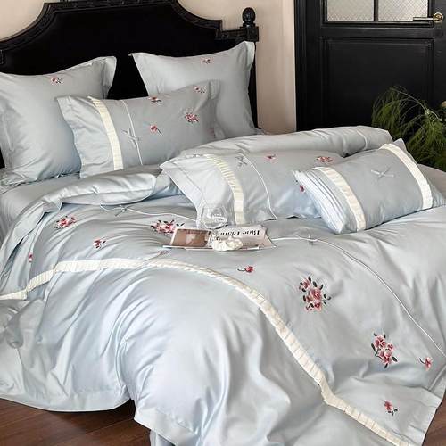 法式浪漫100S长绒棉四件套少女心花卉刺绣全棉高级感被套床上用品