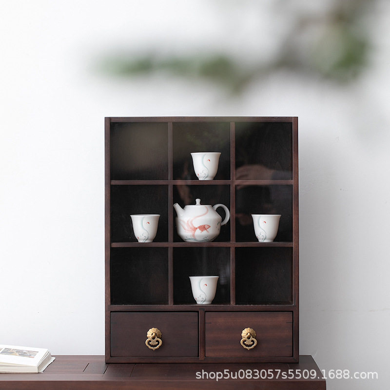 茶壶多宝阁九宫格置物架茶道配件古玩收纳盒防尘展示柜茶杯博古架