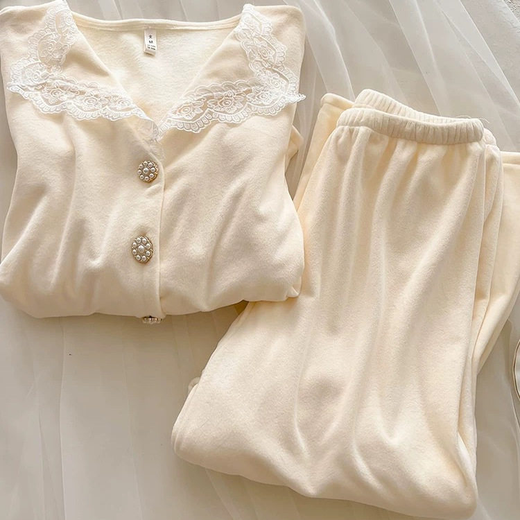 珊瑚绒睡衣甜美小香风蕾丝翻领秋冬季加厚保暖高级感德绒家居服