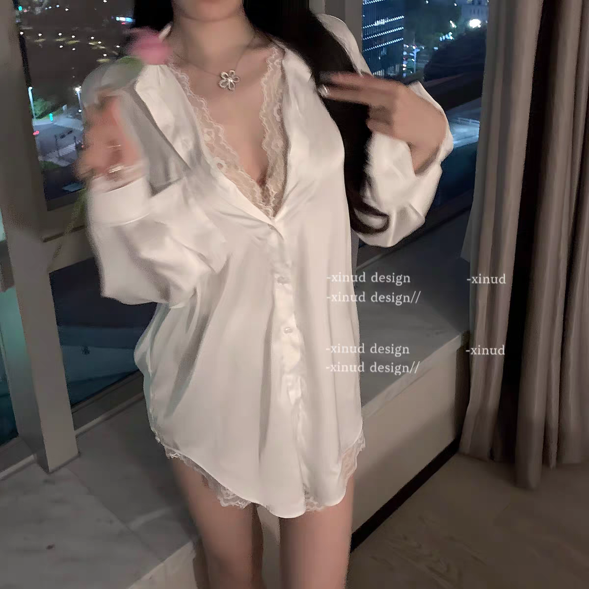 纯欲蕾丝V领白衬衫镂空宽松睡衣